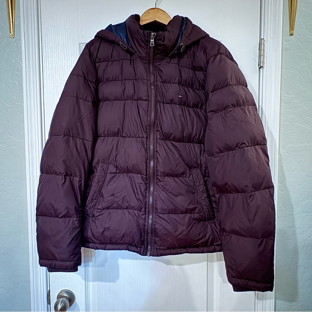 Tommy Hilfiger Burgundy Puffer Jacket Hood Thick Collar Zip Inside Pockets